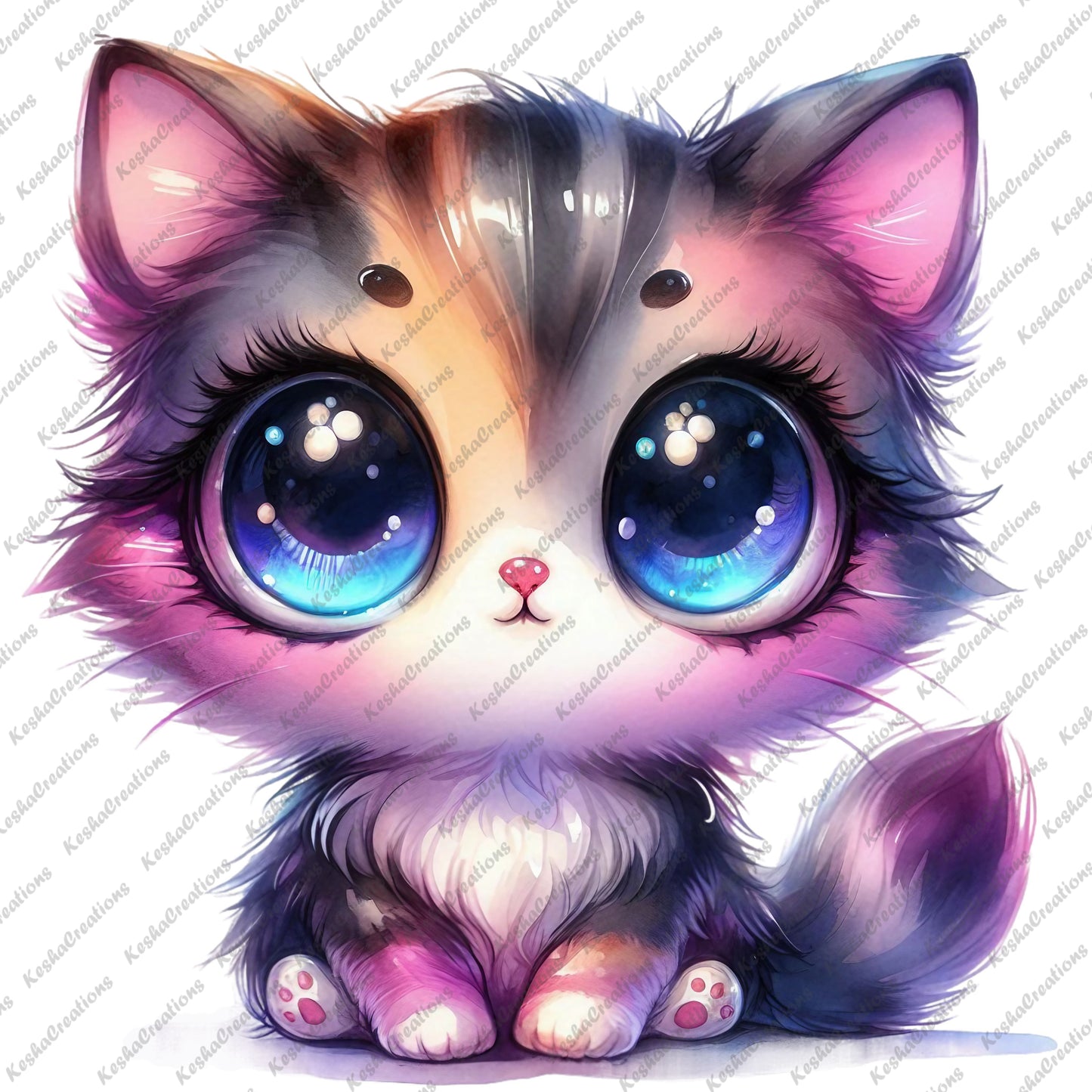 Adorable kawaii cat with large, sparkling blue eyes, fluffy fur, and pink-tinted ears, sitting with a curious expression.