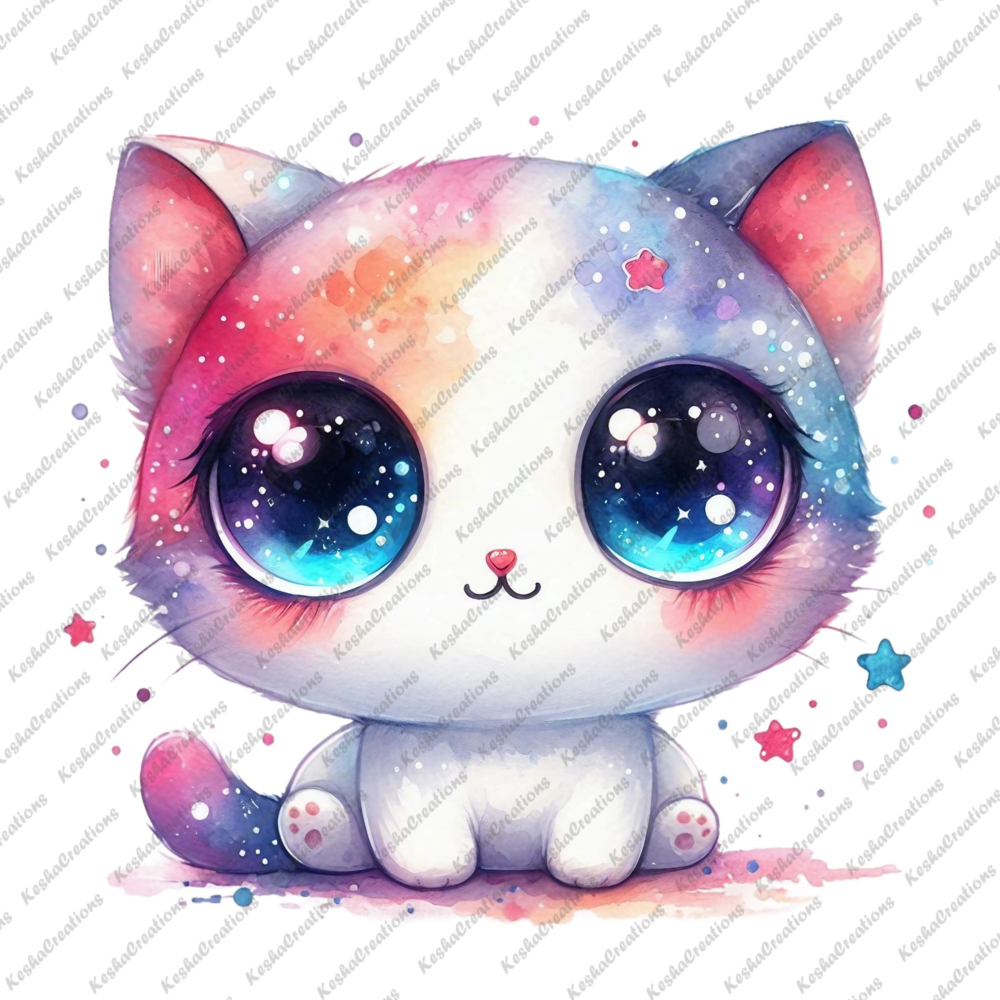 Galactic-themed kawaii cat with a galaxy-inspired fur pattern, large blue eyes, and a colorful starry background.