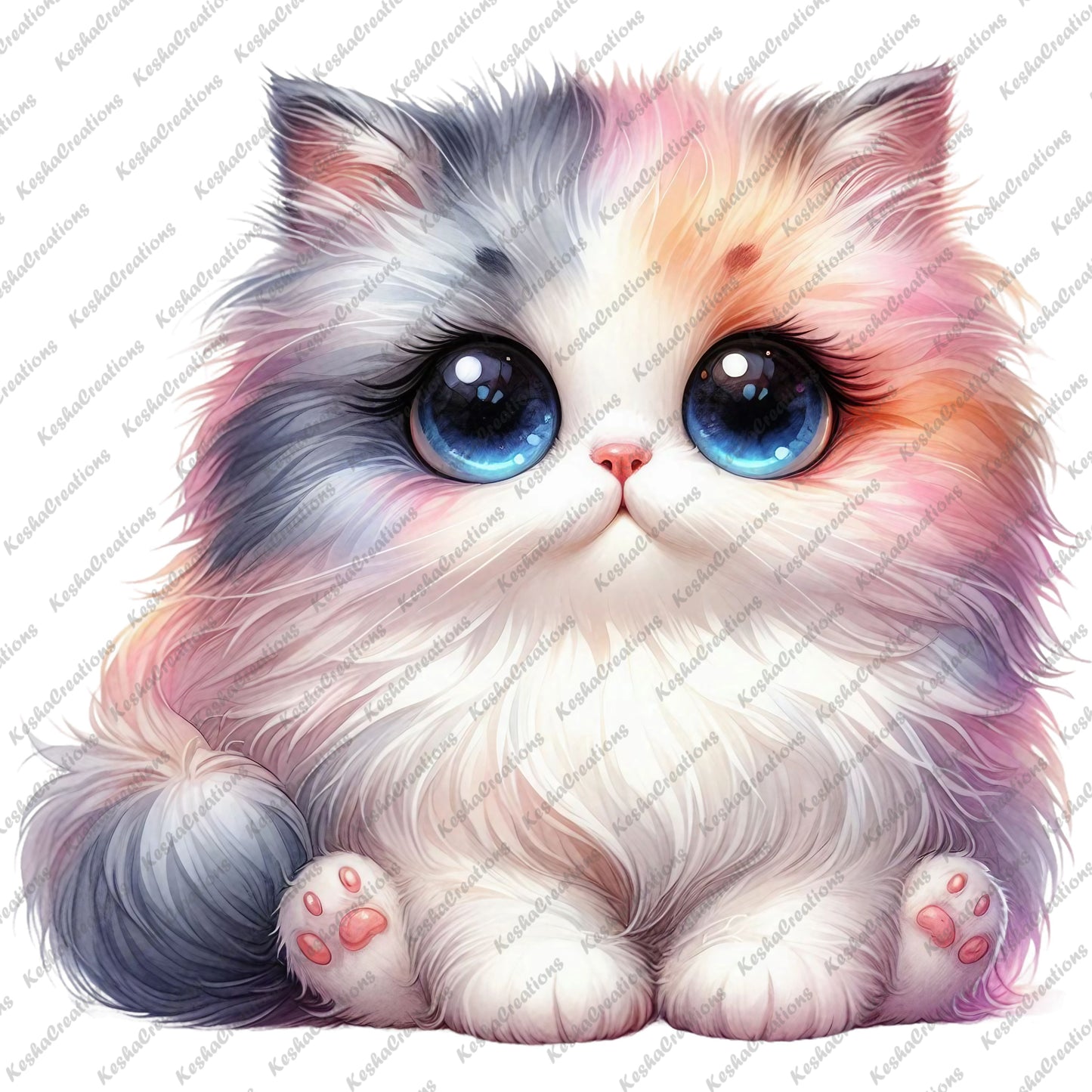 Fluffy, multicolored kawaii cat with blue eyes and soft fur, sitting with a sweet expression.