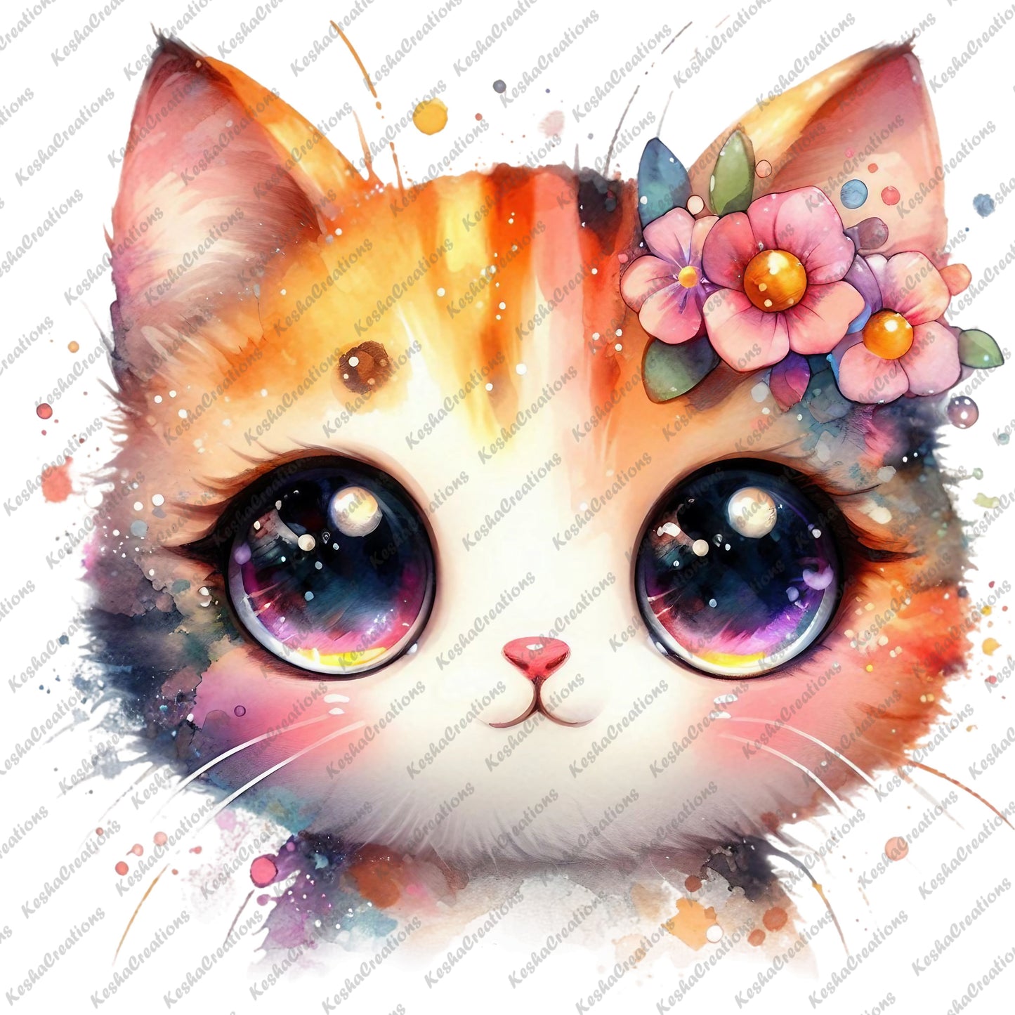 Orange and white kawaii cat with pink flower accents, big eyes, and watercolor-inspired fur patterns.