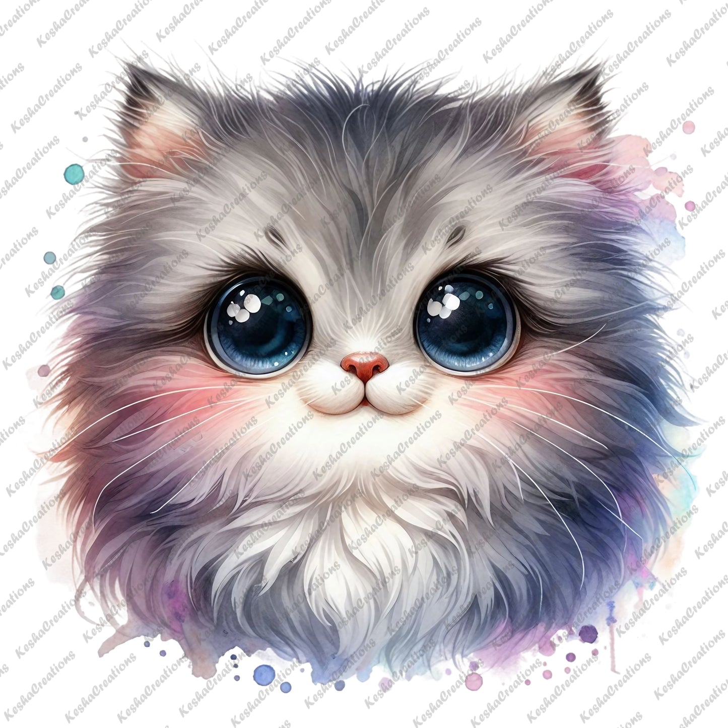 Fluffy gray kawaii cat with big, round blue eyes, surrounded by soft pastel splashes of color.