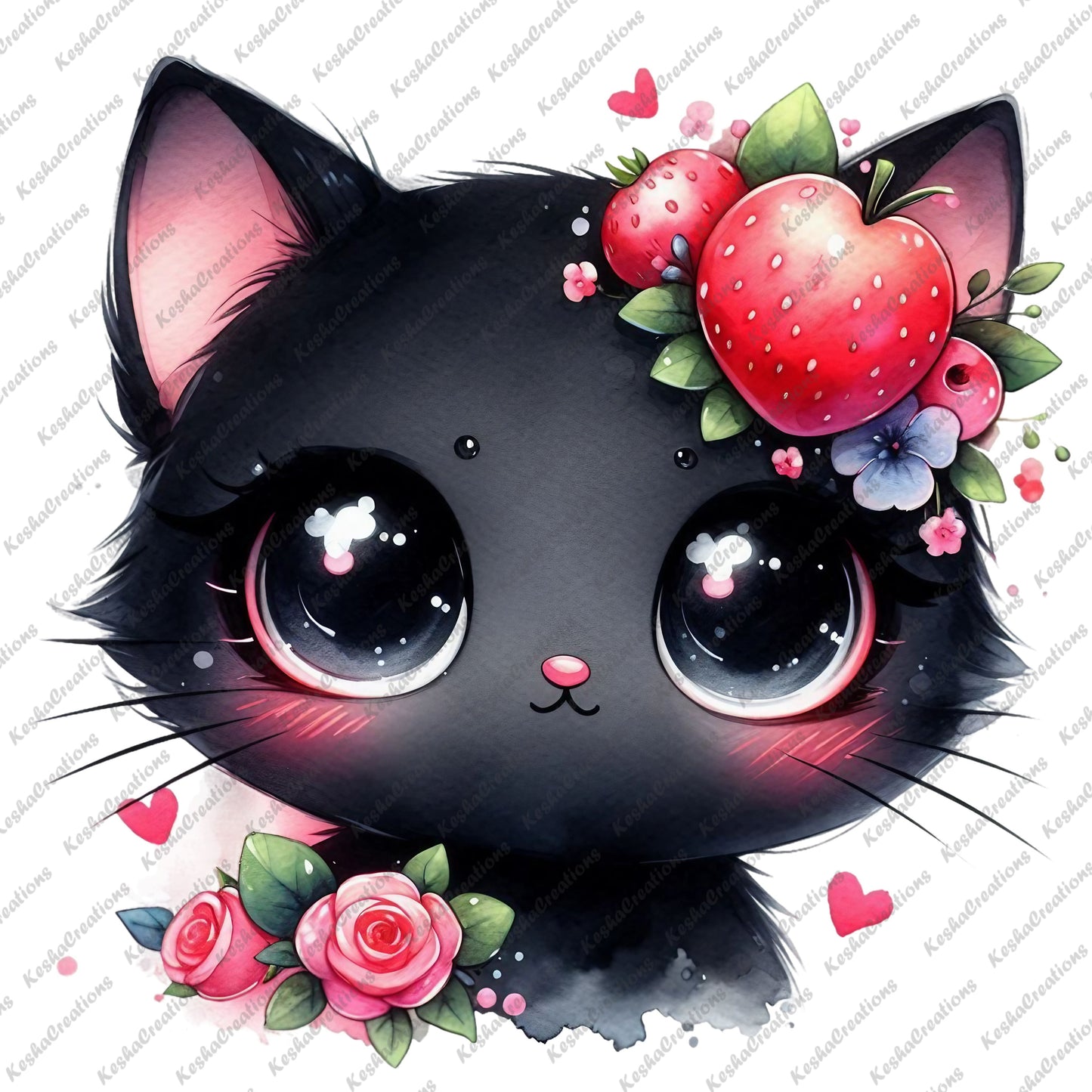 Black kawaii cat with fruit and floral decorations, bright eyes, and pink-tinted cheeks.