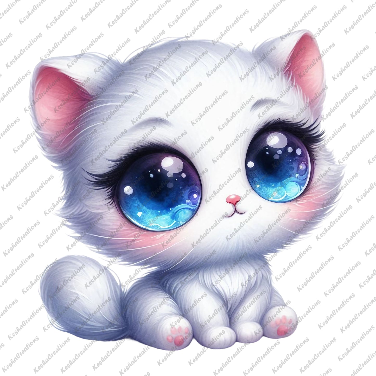 White kawaii cat with sparkling blue eyes, sitting with a curious expression and soft fur.