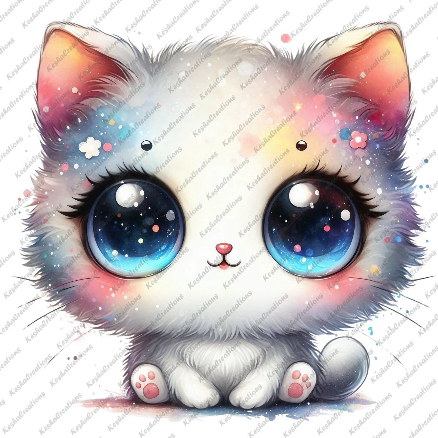 White kawaii cat with bright blue eyes, soft fur, and a calm expression, sitting peacefully.