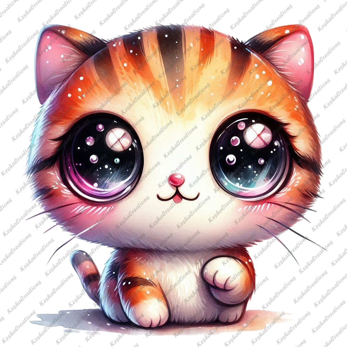 Small kawaii cat with multicolored fur, big blue eyes, and surrounded by stars and small colorful spheres.