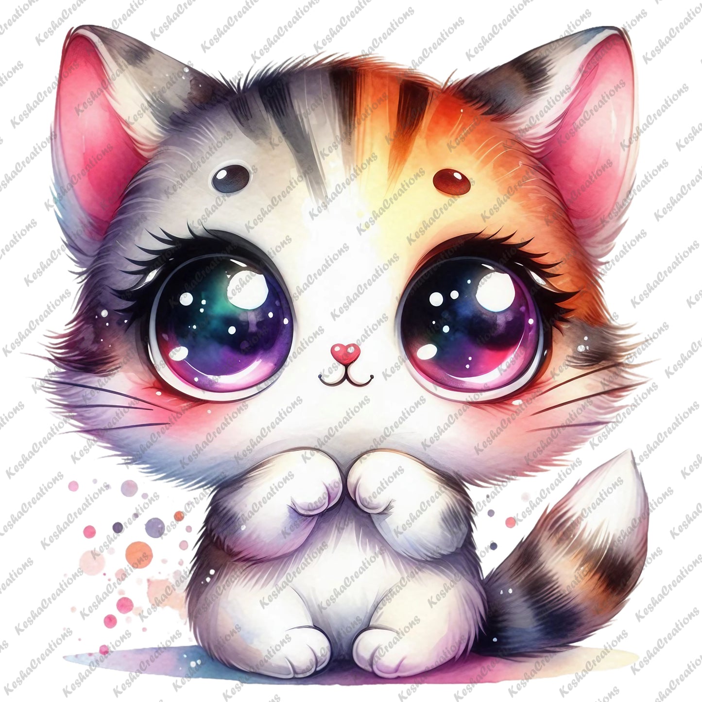 Small kawaii cat with mixed fur colors and purple-pink eyes, sitting with a playful expression and surrounded by colorful splashes.