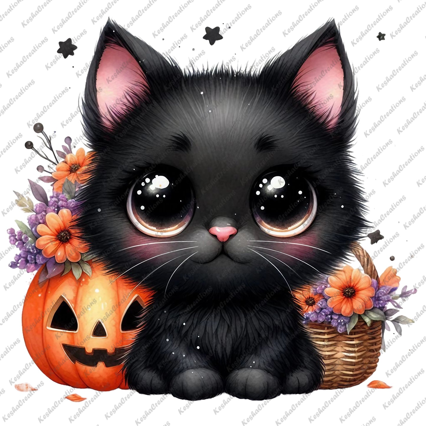Black kawaii cat with bright orange and purple floral decorations, sitting next to a carved pumpkin, with large round eyes.
