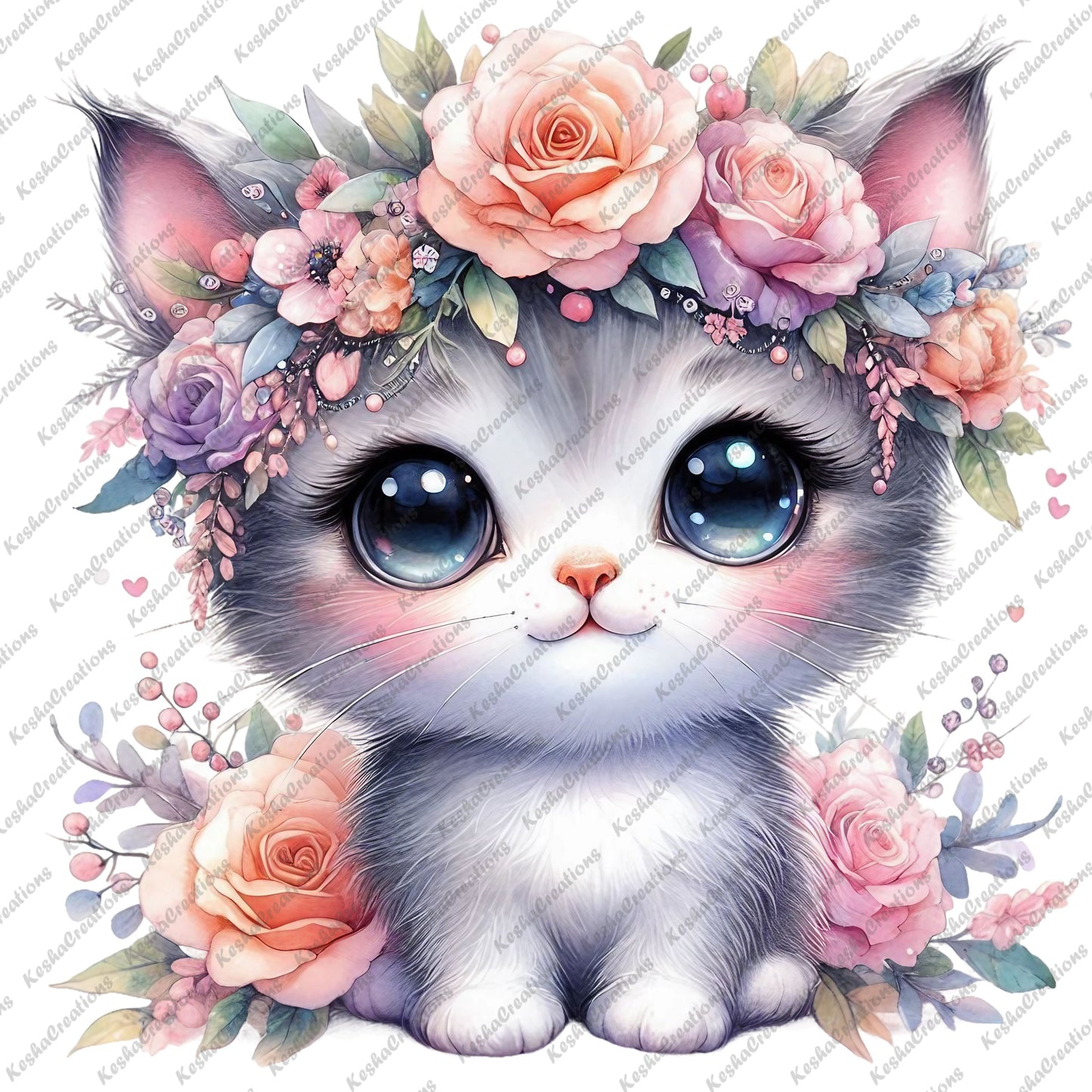 Fluffy kawaii cat adorned with a flower crown, big blue eyes, and soft gray fur, surrounded by pastel flowers.