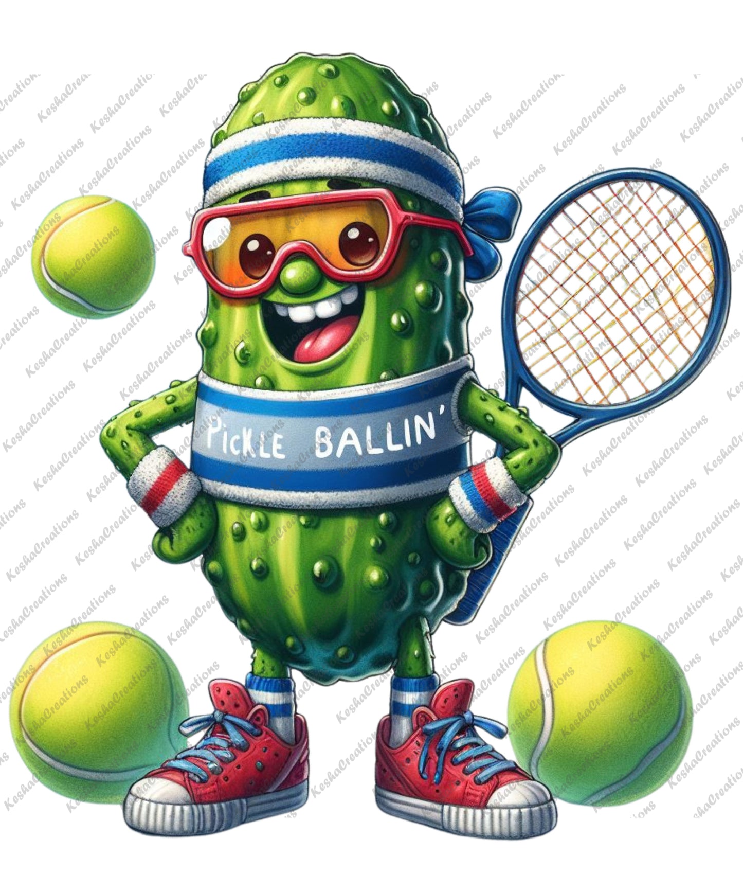 A cheerful pickle character dressed in pickleball attire, complete with a headband and holding a pickleball racket behind him, conveying a fun and sporty vibe.