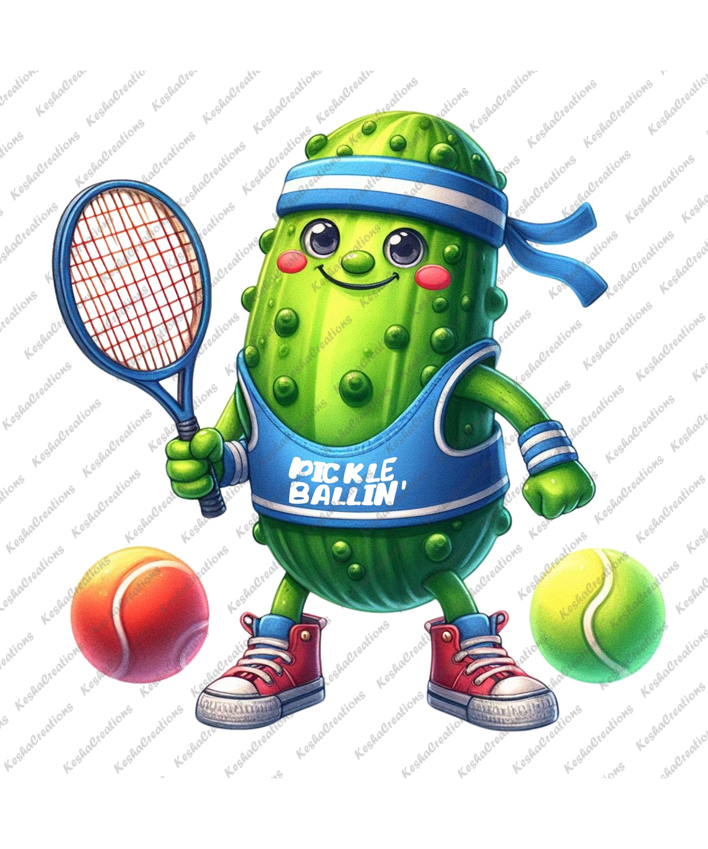 A cute pickle character dressed in pickleball attire, holding a racket with two pickleball balls—one red and one green—on each side of him, exuding a playful vibe.