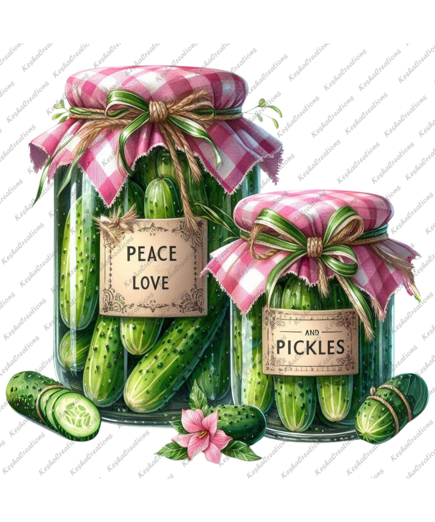 A jar of pickles adorned with a pink and white checkered fabric cover, featuring the phrase 'Peace Love and Pickles' in a playful font, surrounded by pickles and hearts.