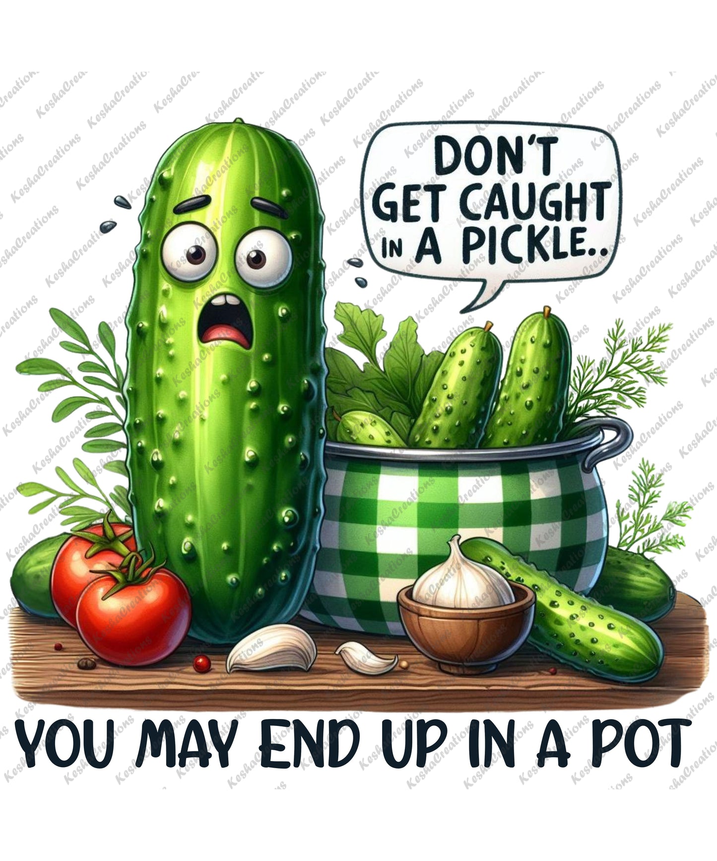 A scared pickle character with a humorous expression and a speech bubble saying 'Don't get caught in a pickle, you might end up in a pot!' surrounded by pickles in a cooking pot.