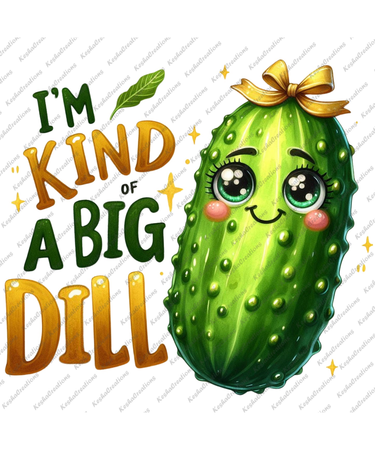 A cute pickle character with a golden yellow bow and large doe eyes, proudly displaying the quote 'I'm a big kind of dill.'