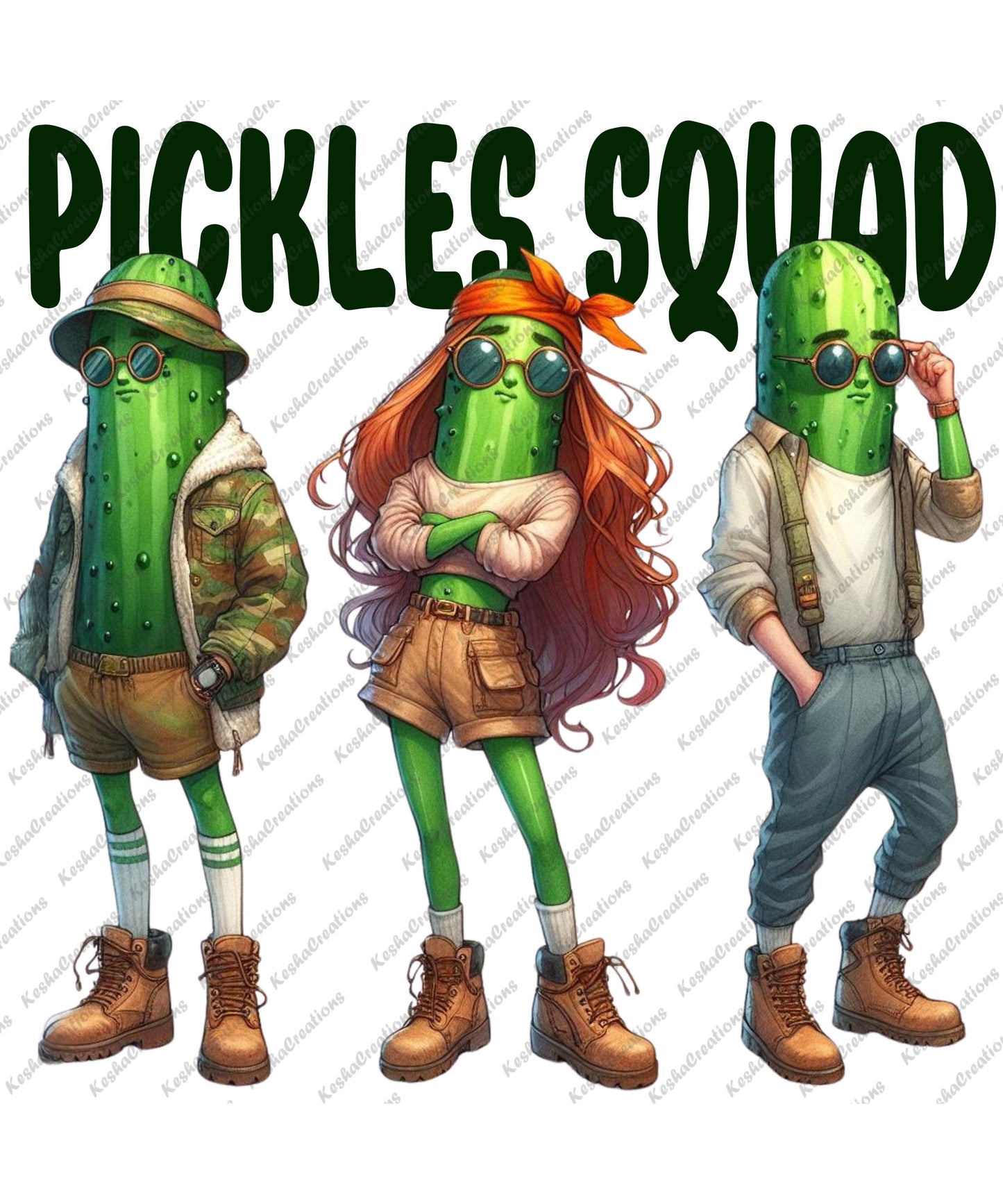Three pickle characters, two male and one female, wearing sunglasses and striking cool poses with the quote 'Pickle Squad' prominently displayed.