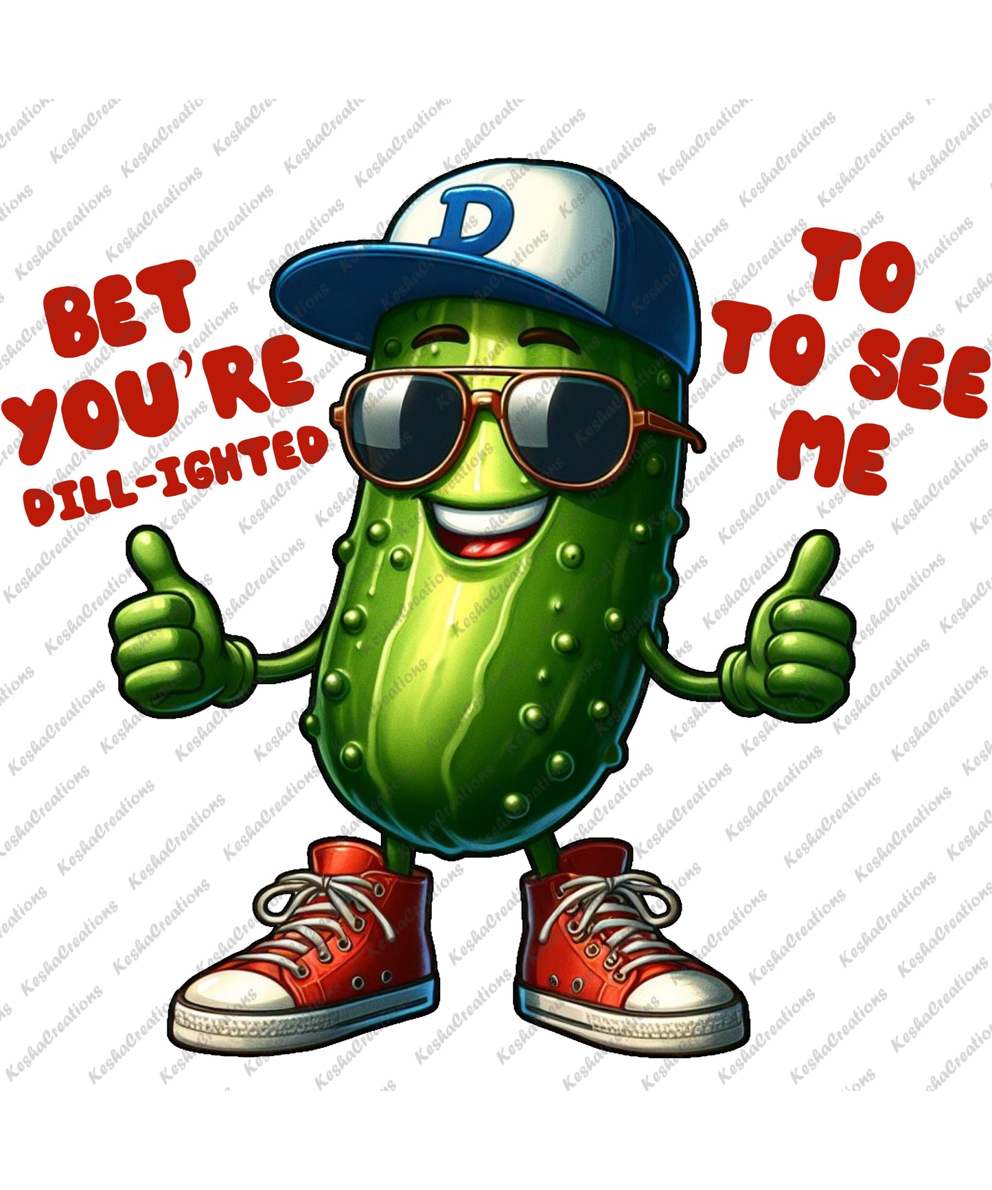 A joyful boy pickle character with a big smile, exuding charm and playfulness, alongside the quote 'Bet You're Dill-ighted to See Me'.