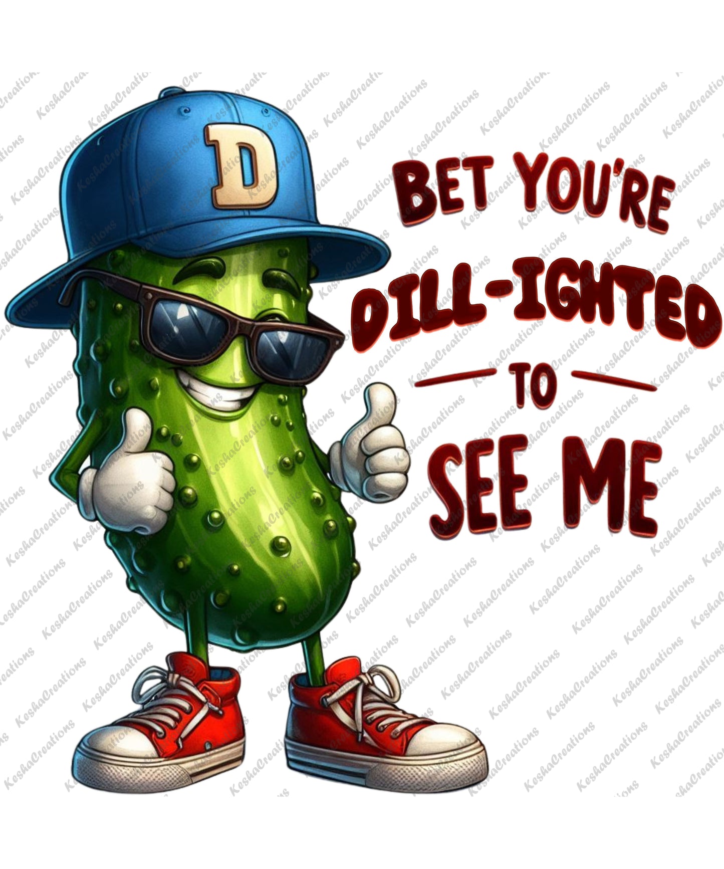 A cheerful boy pickle character with a bright smile and lively expression, featuring the quote 'Bet You're Dill-ighted to See Me' in playful typography.