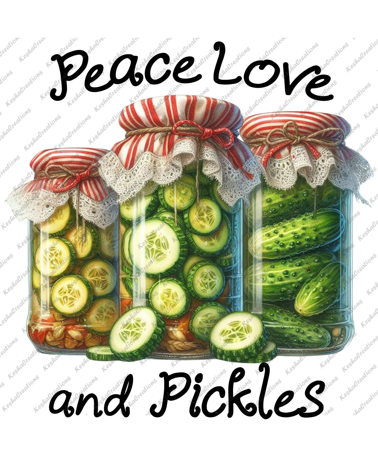 hree jars of pickles in vibrant colors, each adorned with a playful label featuring the phrases 'Peace,' 'Love,' and 'Pickles' in fun, bold typography.