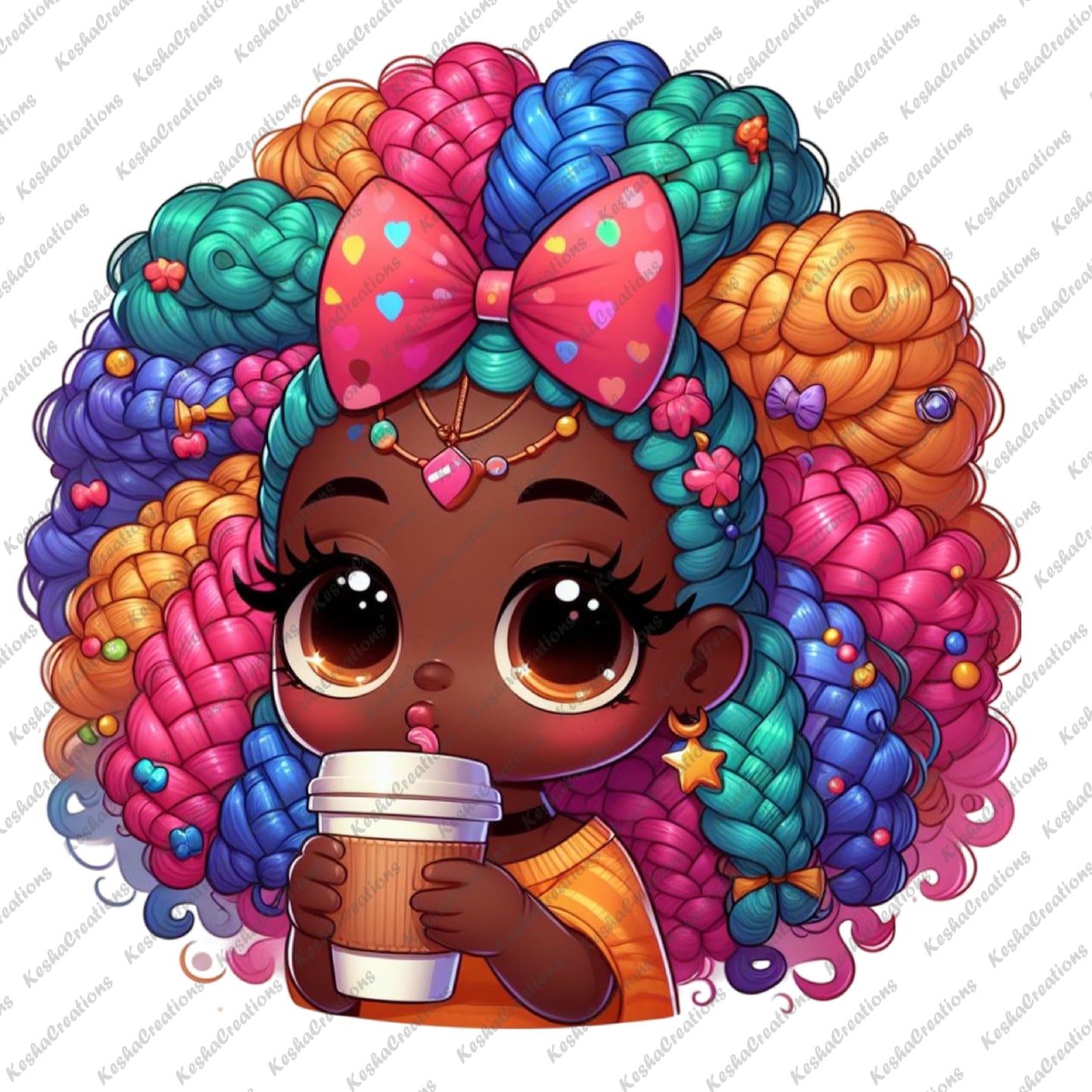 Cute African American girl with big, colorful curly hair, sipping from a coffee cup, wearing an orange top and a large pink bow with hearts
