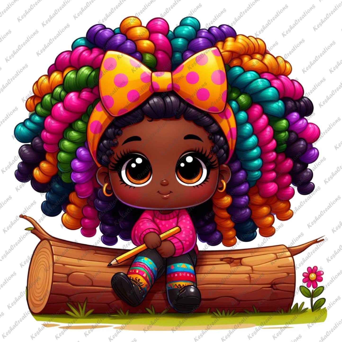 Cute African American girl with colorful, curly hair, sitting on a log, holding a pencil. She wears a pink sweater, colorful leggings, and a large yellow bow with pink polka dots.