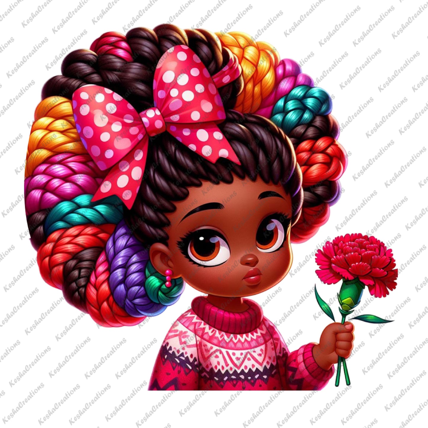 Cute African American girl with vibrant curly hair and a red bow with yellow flowers, wearing a floral dress and holding a red carnation.