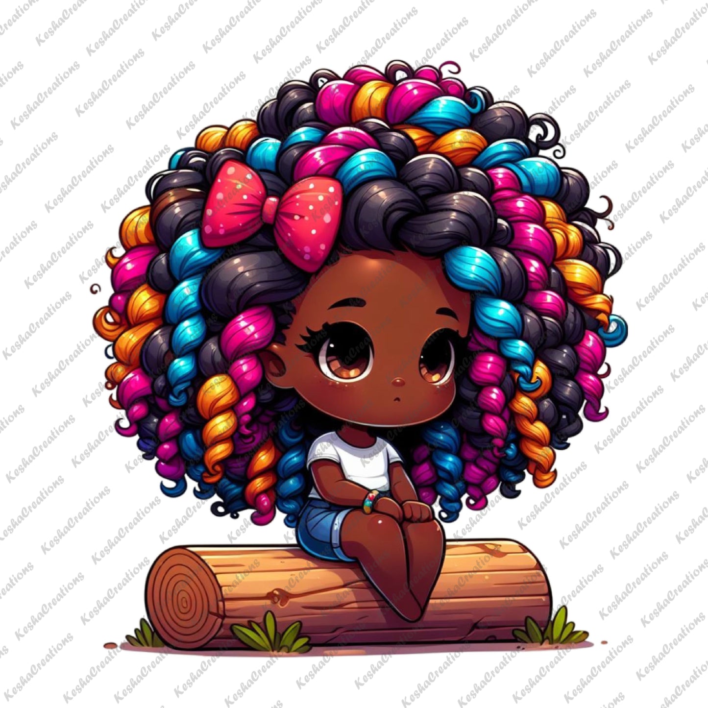 Cute African American girl with colorful curly hair, sitting on a log, wearing a white shirt, denim shorts, and a red bow with white polka dots, looking thoughtful.