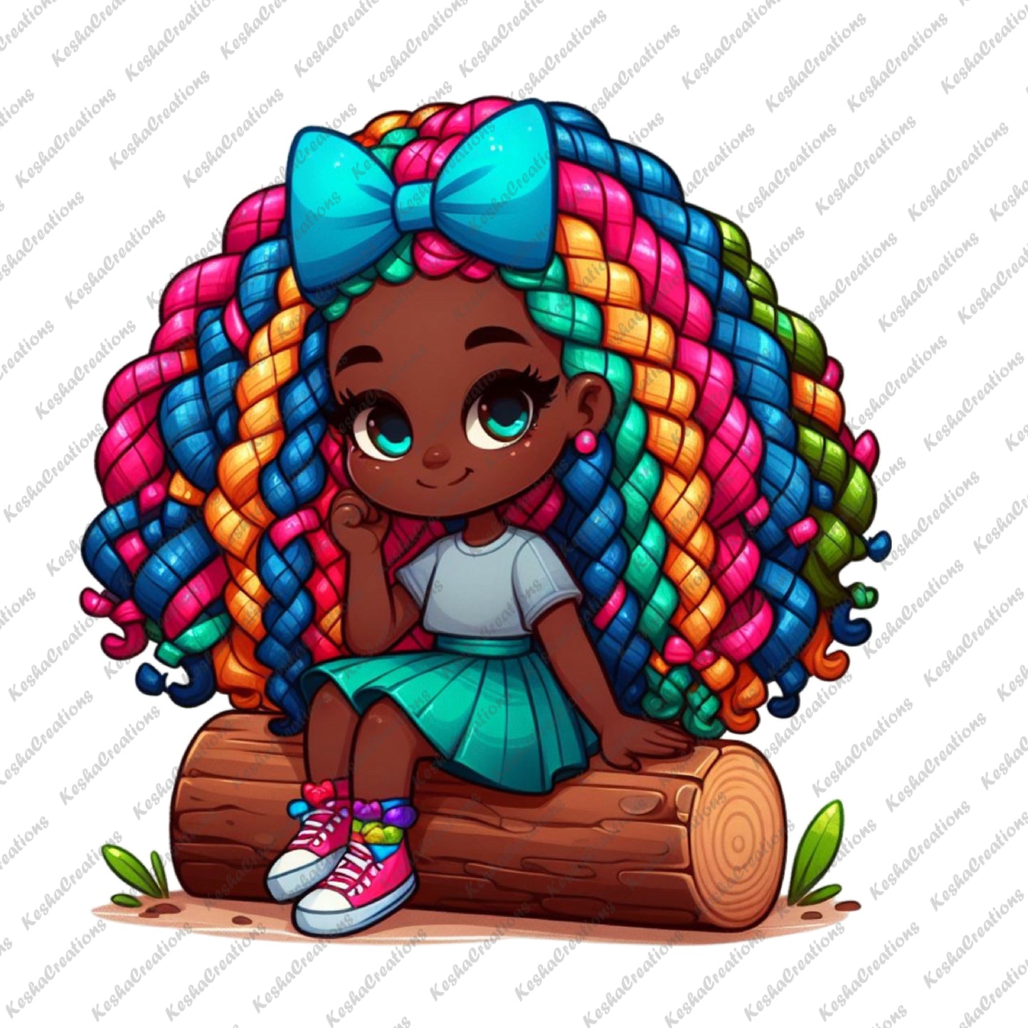 Illustration of a cute African American girl sitting on a log. She has dark skin, large bright eyes, and long, rainbow-colored braided hair adorned with a large blue bow. She wears a light blue shirt, a teal skirt, colorful sneakers, and pink earrings, with a cheerful expression.