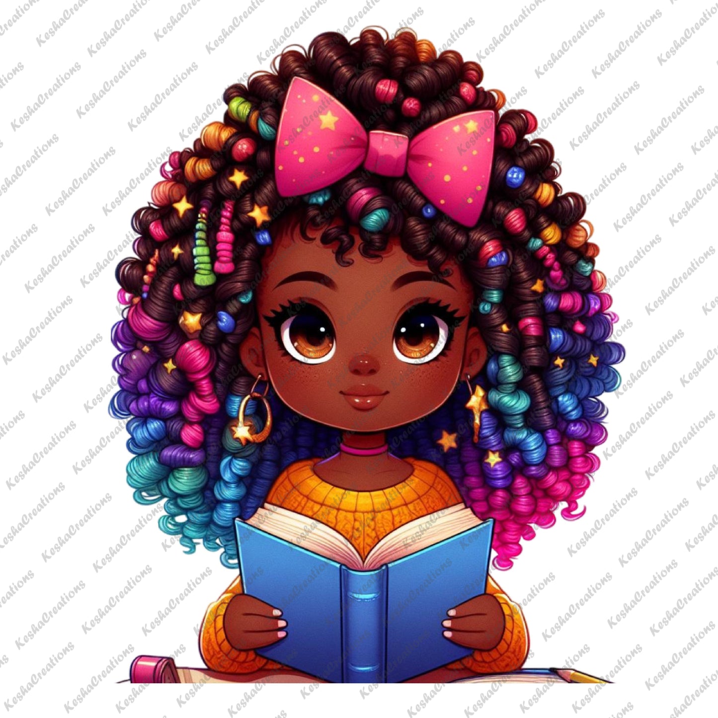 Illustration of a cute African American girl reading a book. She has dark skin, bright eyes, and curly rainbow hair decorated with a large pink bow. She wears a bright orange sweater and holds an open book, sitting among more books with a happy expression.
