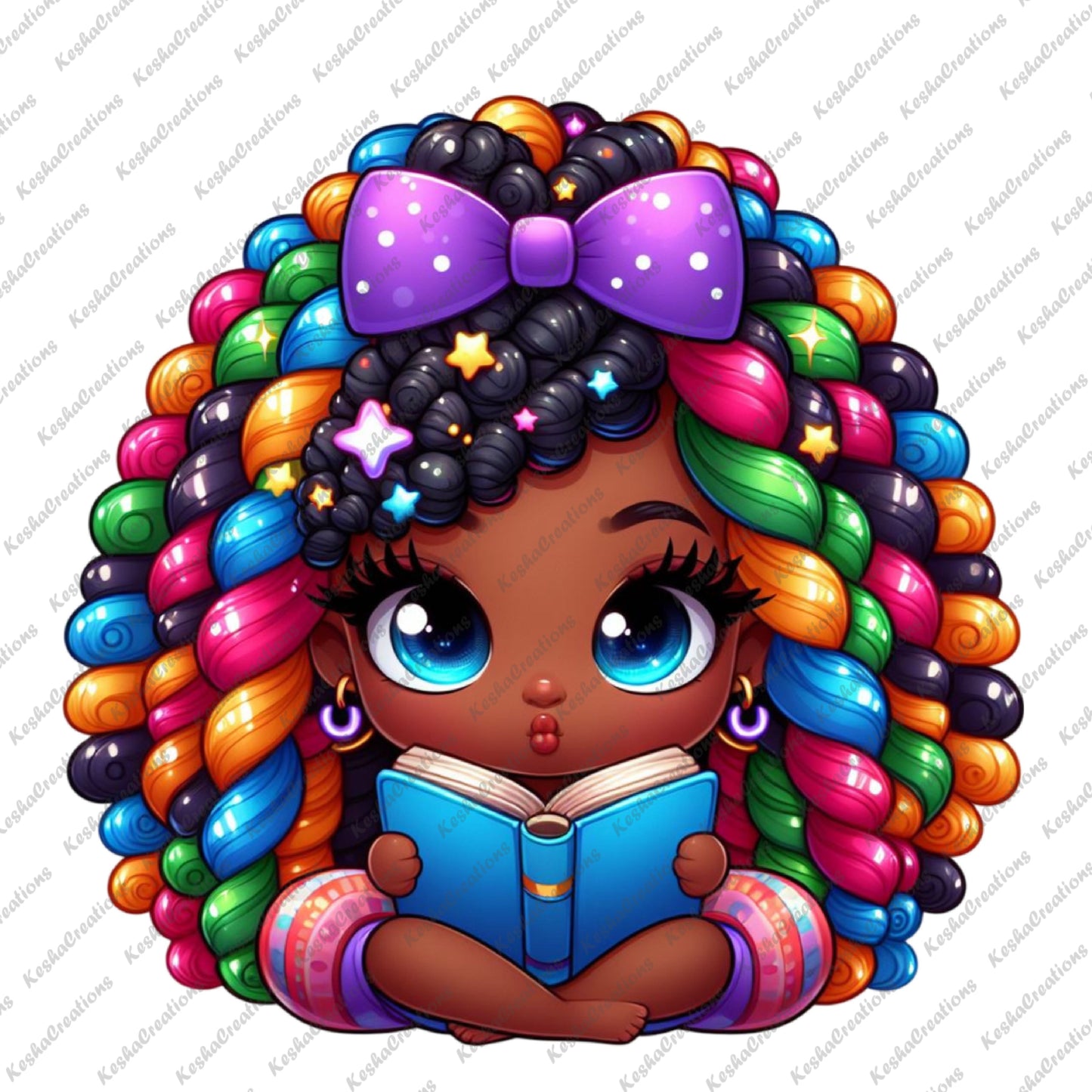 Illustration of a cute African American girl reading a blue book with a surprised expression. She has dark skin, curly rainbow hair decorated with stars, and wears a purple bow in her hair. She sits with her hands holding the book, dressed in a colorful outfit.