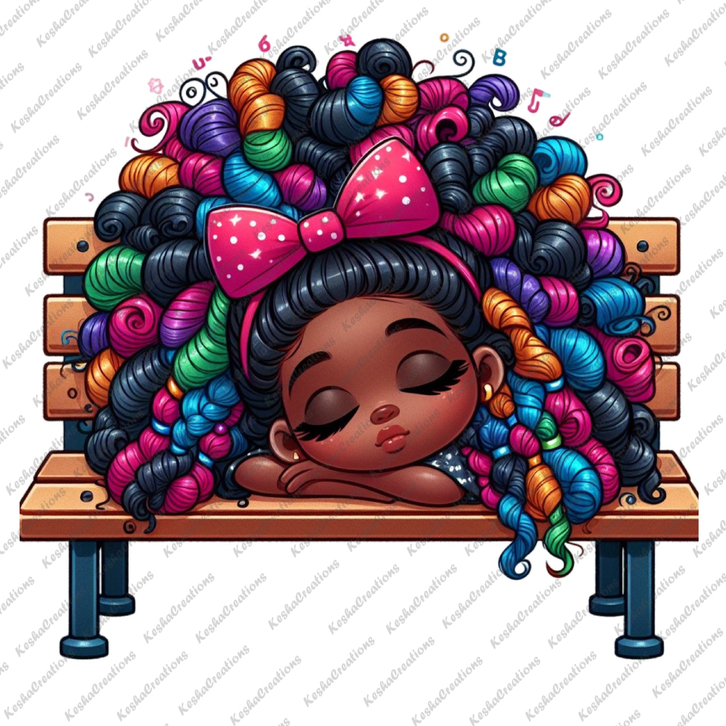 Illustration of a cute African American girl sleeping on a bench. Her dark skin contrasts with her curly rainbow hair adorned with a pink bow. She sleeps soundly, surrounded by playful confetti floating around her.