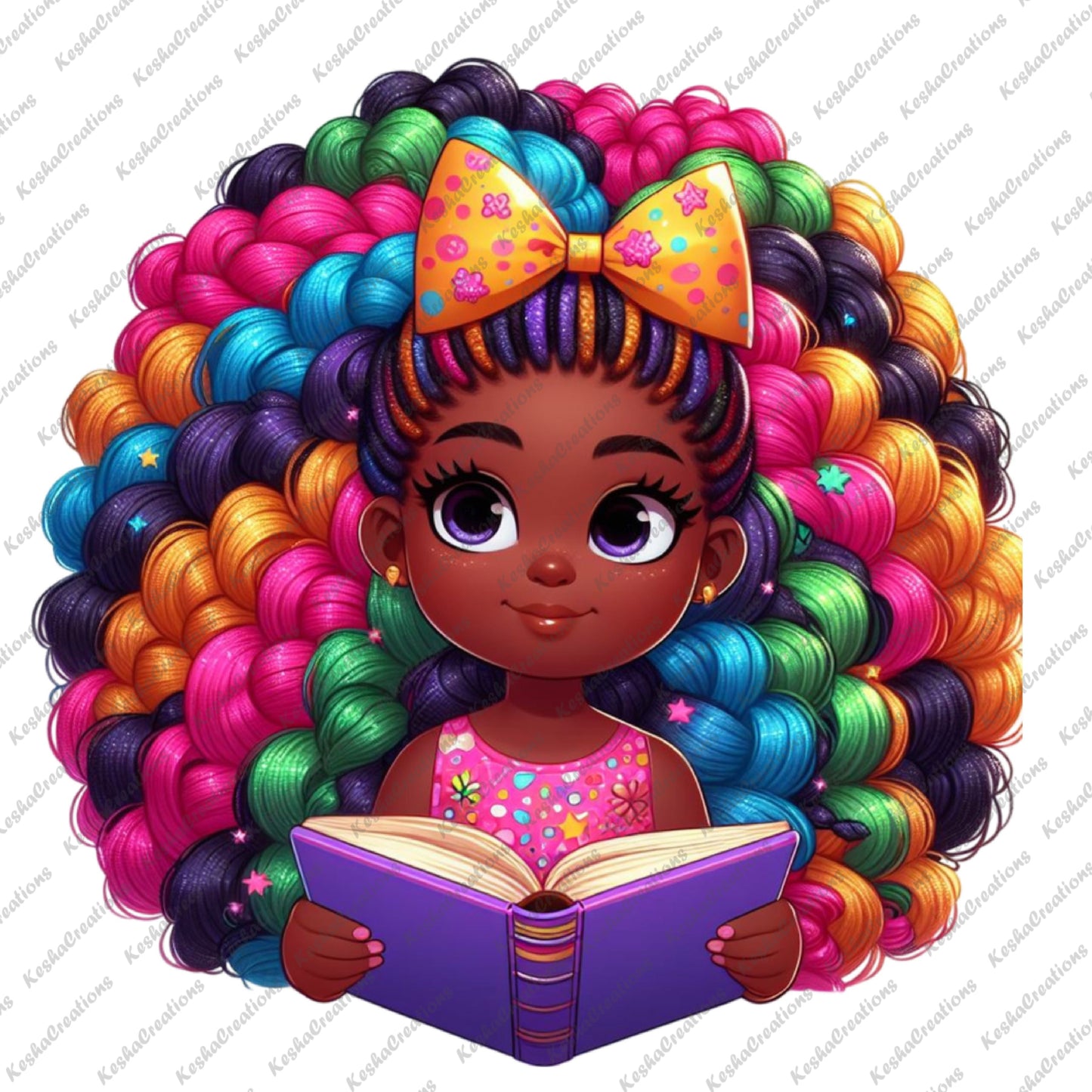 Illustration of a cute African American girl reading a purple book. She has dark skin, curly rainbow hair with a large yellow bow, and wears a pink dress with colorful patterns. Her expression is focused and calm