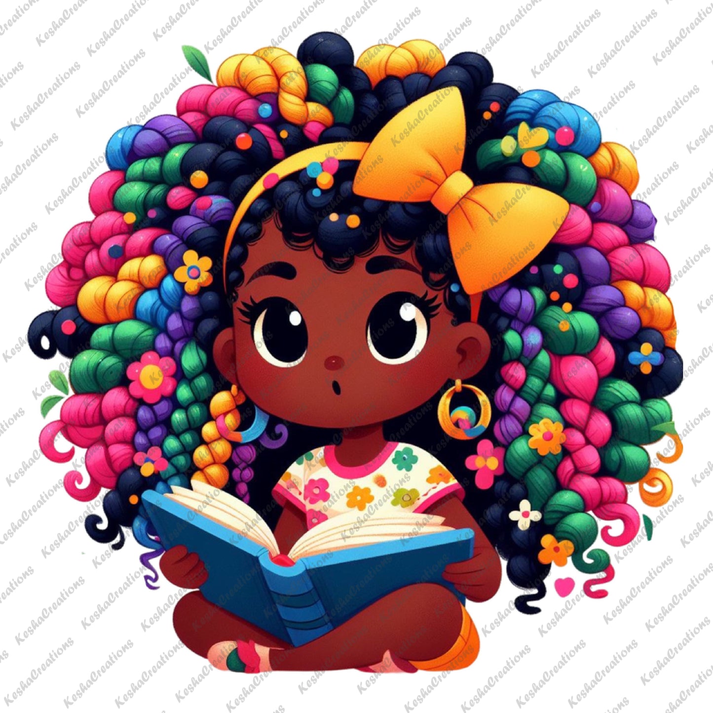 Illustration of a cute African American girl sitting cross-legged while reading a book. She has dark skin, big eyes, and curly rainbow hair decorated with colorful flower patterns and a large yellow bow. She wears a floral-patterned top and looks surprised.
