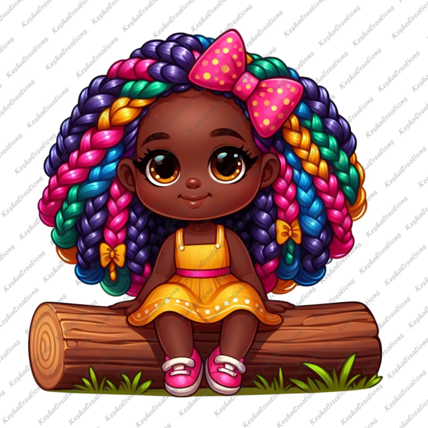 Cute African American girl sleeping on a bench, with colorful curly hair and a pink bow, surrounded by musical notes.