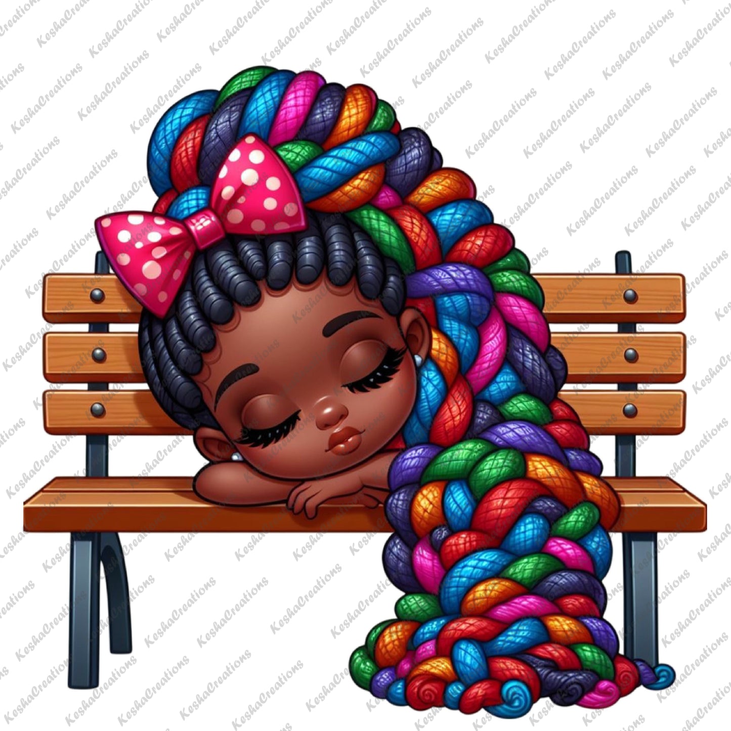 Illustration of a cute African American girl asleep on a park bench. She has dark skin, long rainbow braids, and a pink bow with white polka dots in her hair. Her head rests on her arms, and her eyes are closed, giving a peaceful vibe.