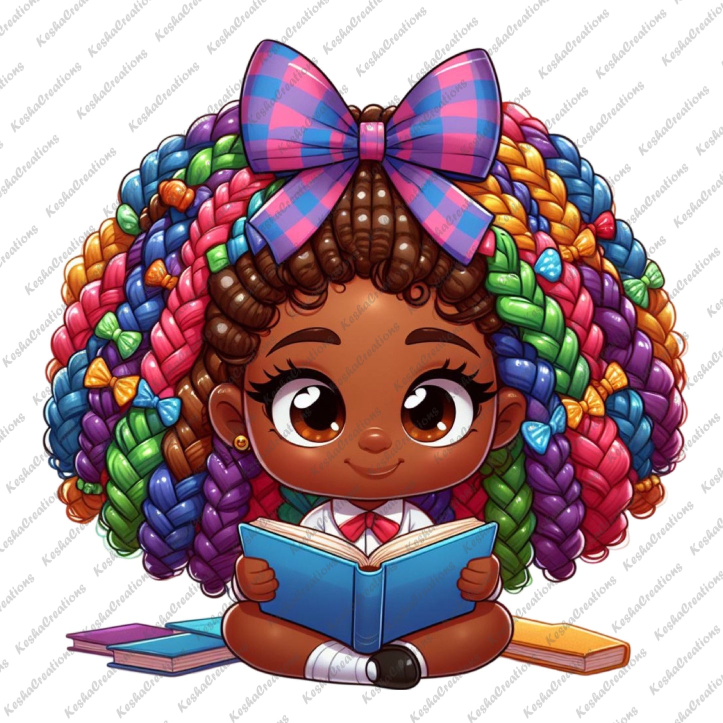 Illustration of a cute African American girl sitting cross-legged and reading a book. She has dark skin, large brown eyes, and braided rainbow hair decorated with colorful bows and a large pink-and-blue plaid bow on top. She wears a school uniform and is surrounded by books.