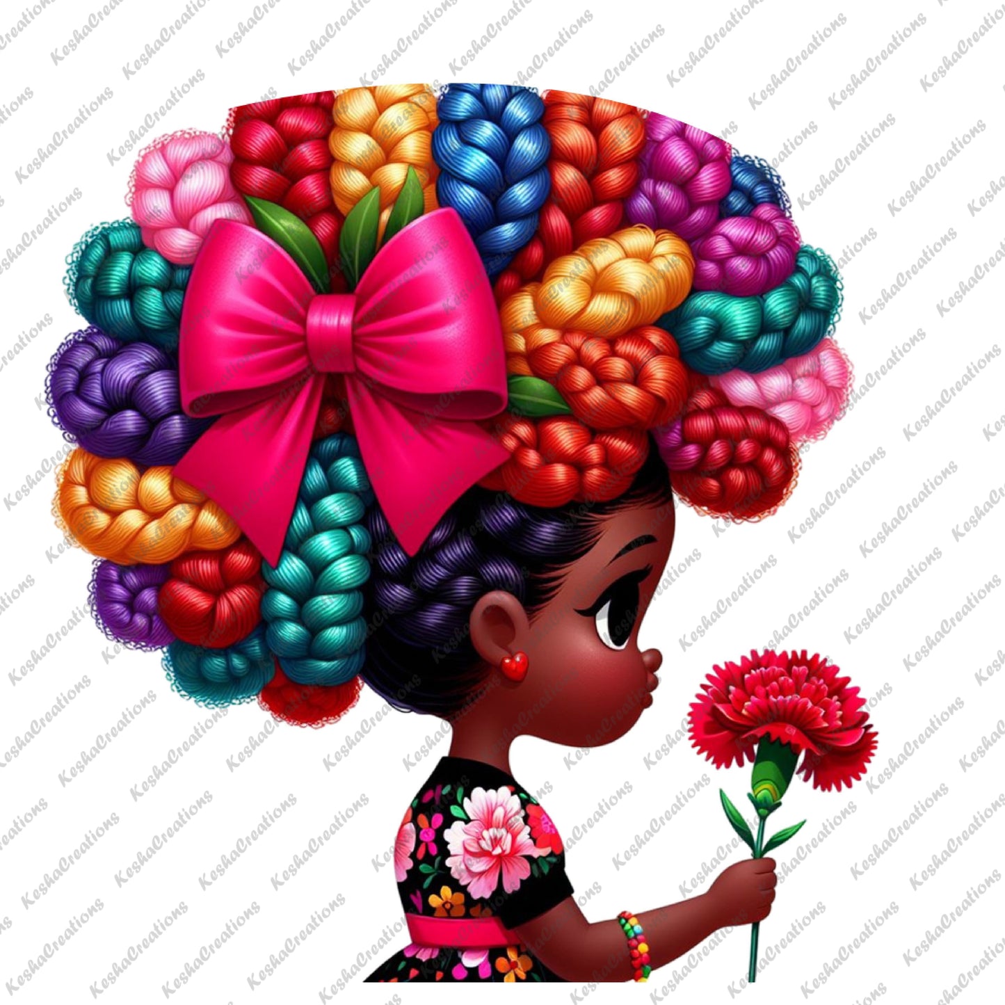 Illustration of a cute African American girl holding a red flower. She has dark skin, bright eyes, and rainbow braids adorned with a large red bow with yellow accents. She is dressed in a floral-patterned outfit, smiling sweetly.