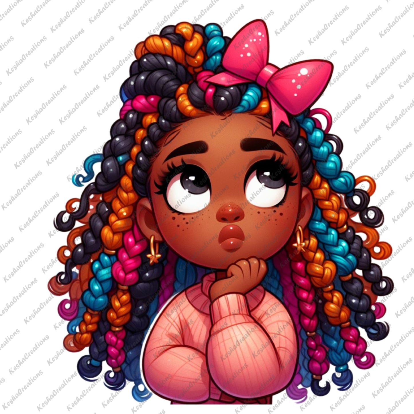 Illustration of a cute African American girl looking up thoughtfully. She has dark skin, large eyes, and long rainbow braids adorned with a bright pink bow. She wears a cozy pink sweater, and her expression is one of curiosity.