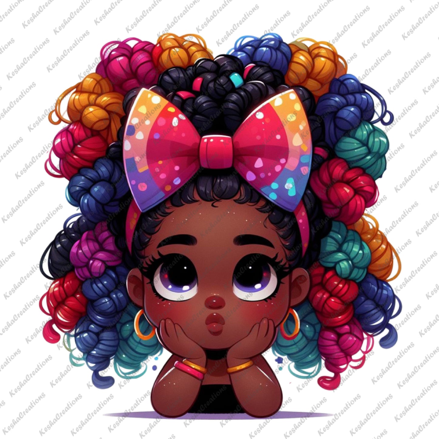 Illustration of a cute African American girl resting her chin on her hands with a thoughtful expression. She has dark skin, big eyes, and curly rainbow hair with a large red bow with colorful dots. She wears golden bracelets and hoop earrings.