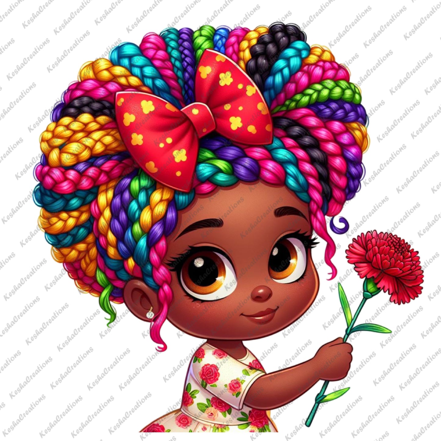 Illustration of a cute African American girl holding a red flower. She has dark skin, bright eyes, and rainbow braids adorned with a large red bow with yellow accents. She is dressed in a floral-patterned outfit, smiling sweetly.