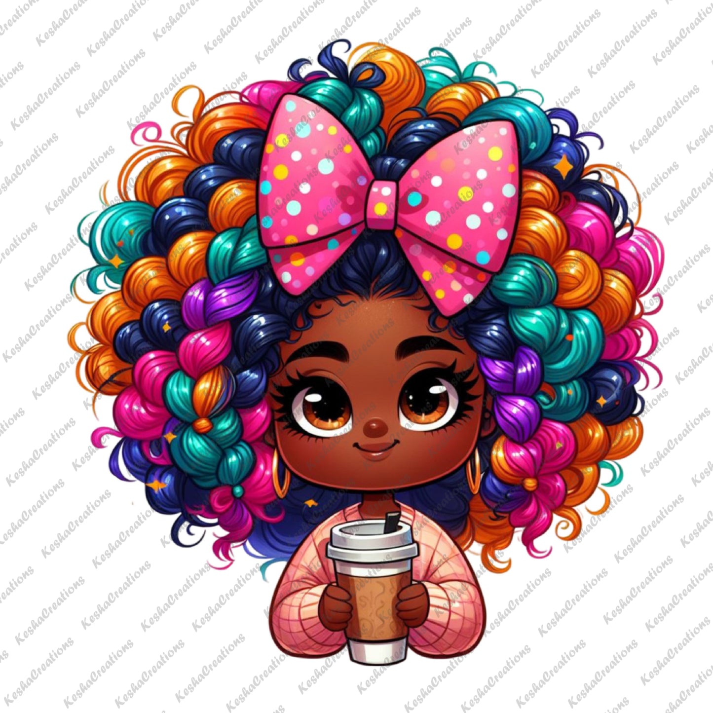 Cute African American girl with colorful curly hair, holding a coffee cup, wearing a pink sweater, and a plaid bow with stars.