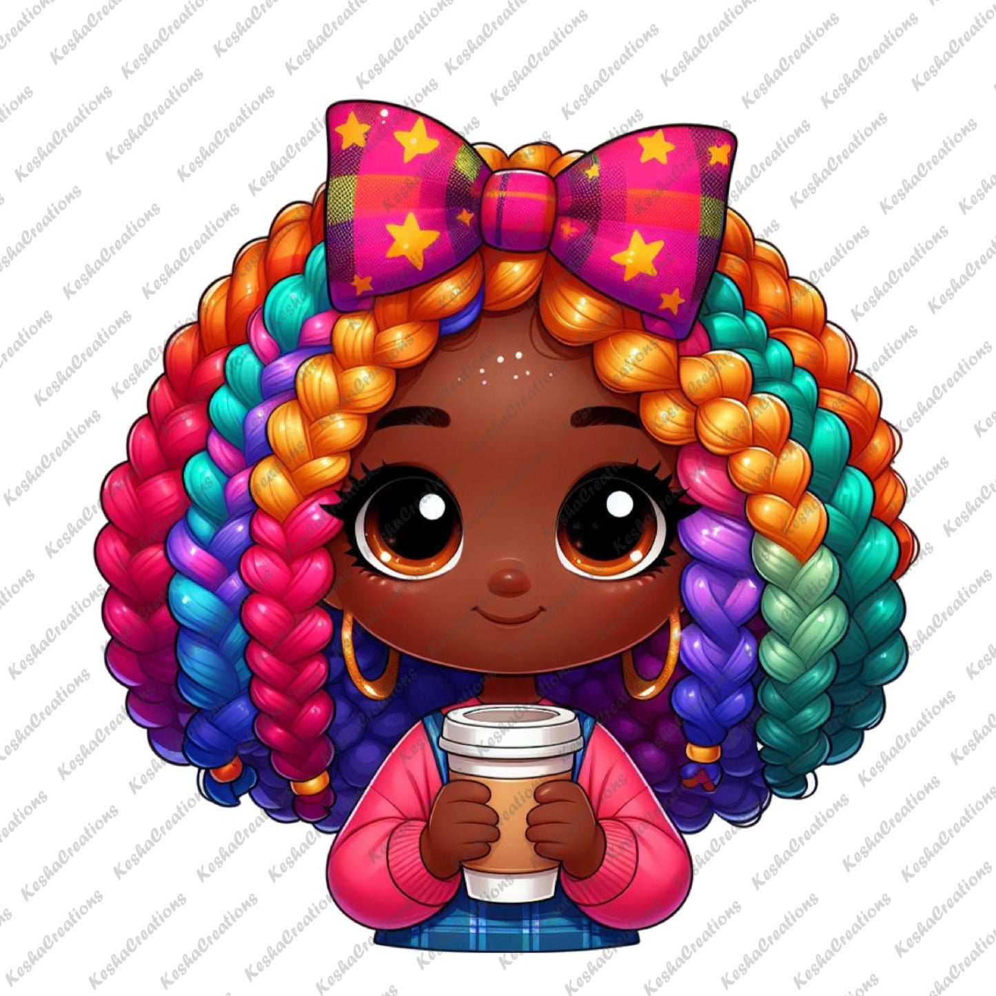 Cute African American girl with colorful curly hair and a large pink bow with stars, holding her cheeks with both hands, looking playful.