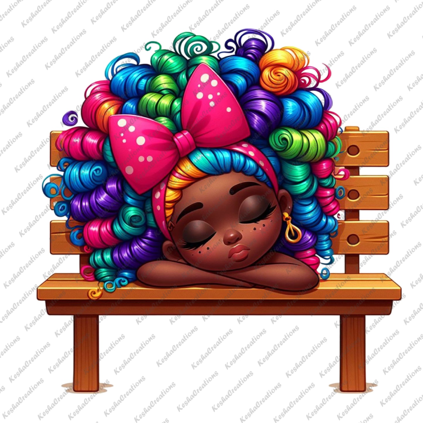 Cute African American girl with colorful curly hair, asleep on a wooden bench, wearing a pink headband with white spots and an orange top.