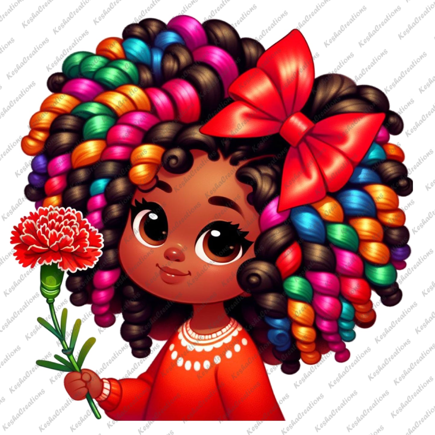 Cute African American girl with vibrant curly hair and a red bow with yellow flowers, wearing a floral dress and holding a red carnation.
