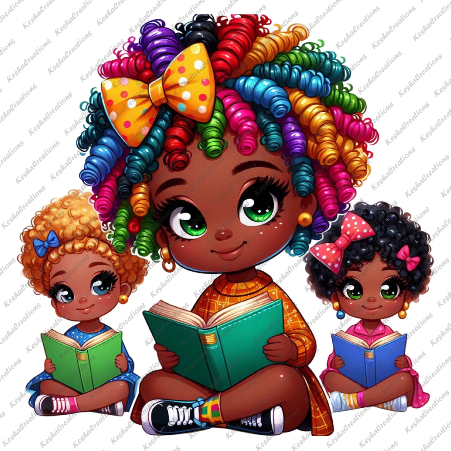 Cute African American girl with colorful curly hair, sitting with two younger girls, all reading books. She wears a yellow bow with white dots, an orange dress, and colorful sneakers.