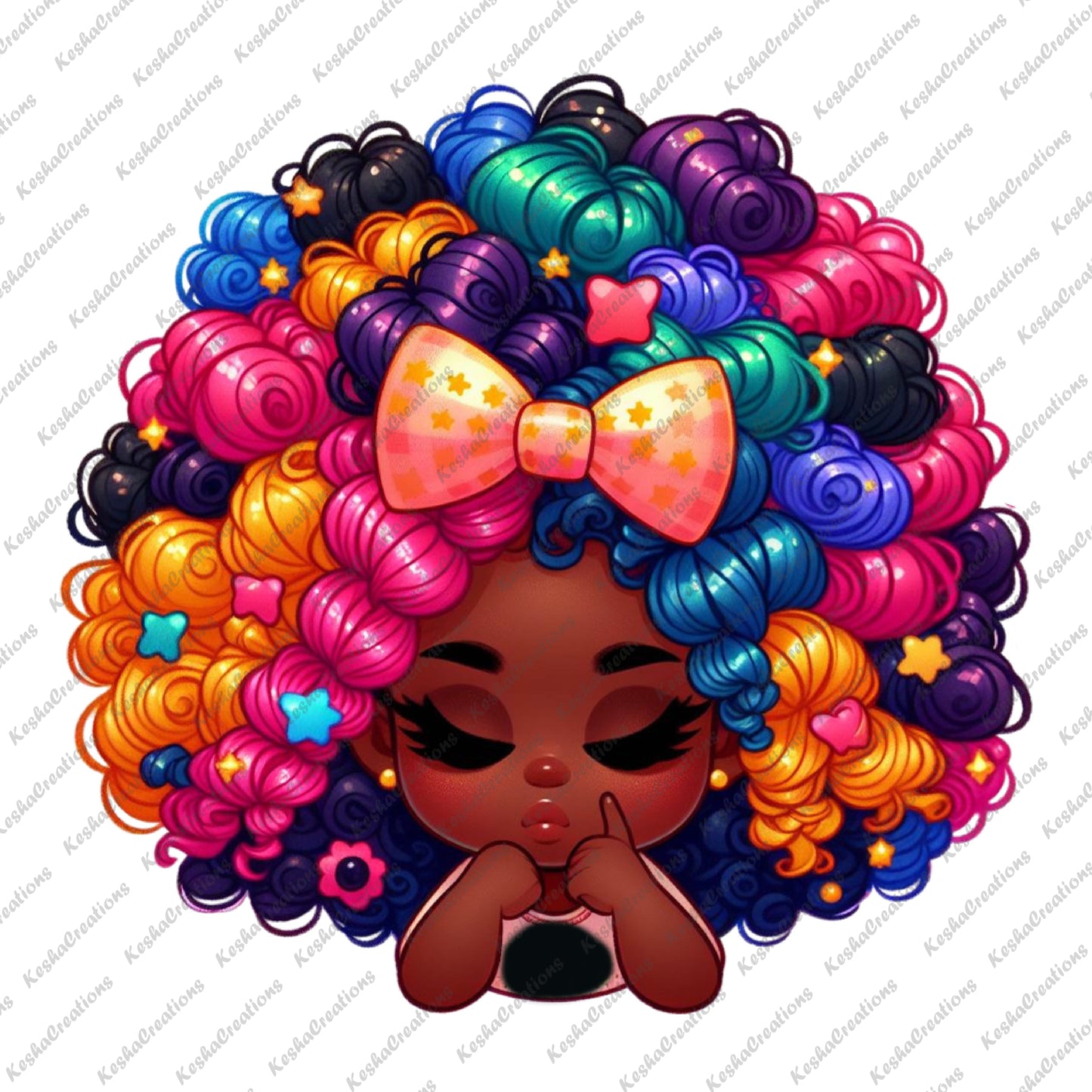 Cute African American girl with colorful curly hair and a large pink bow with stars, holding her cheeks with both hands, looking playful.