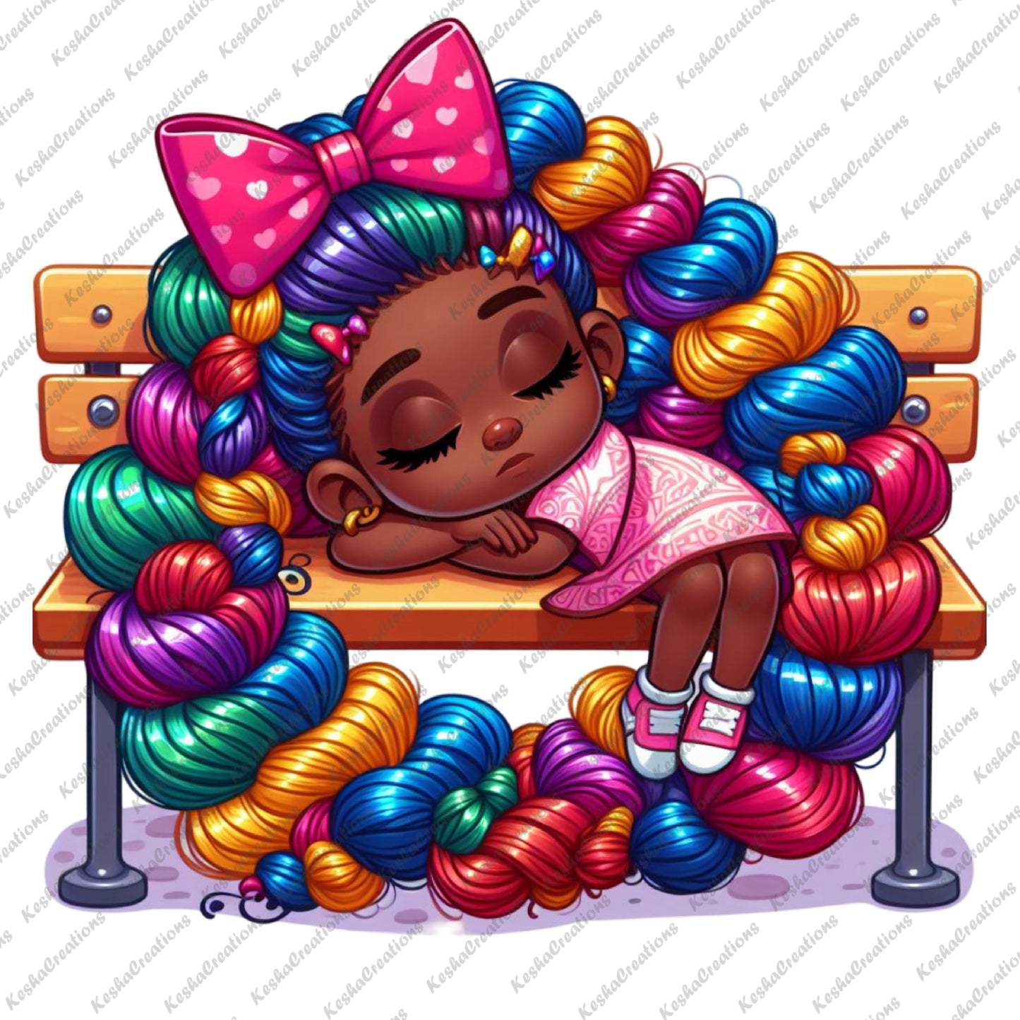 Cute African American girl with vibrant, curly hair, asleep on a park bench, wearing a pink dress and a large pink bow with hearts.