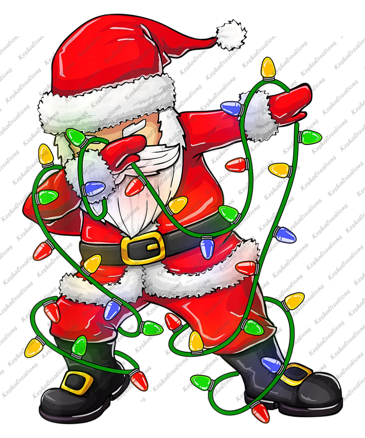 DTF transfer design of Santa dabbing with colorful Christmas lights wrapped around him, perfect for holiday-themed clothing for kids and adults.