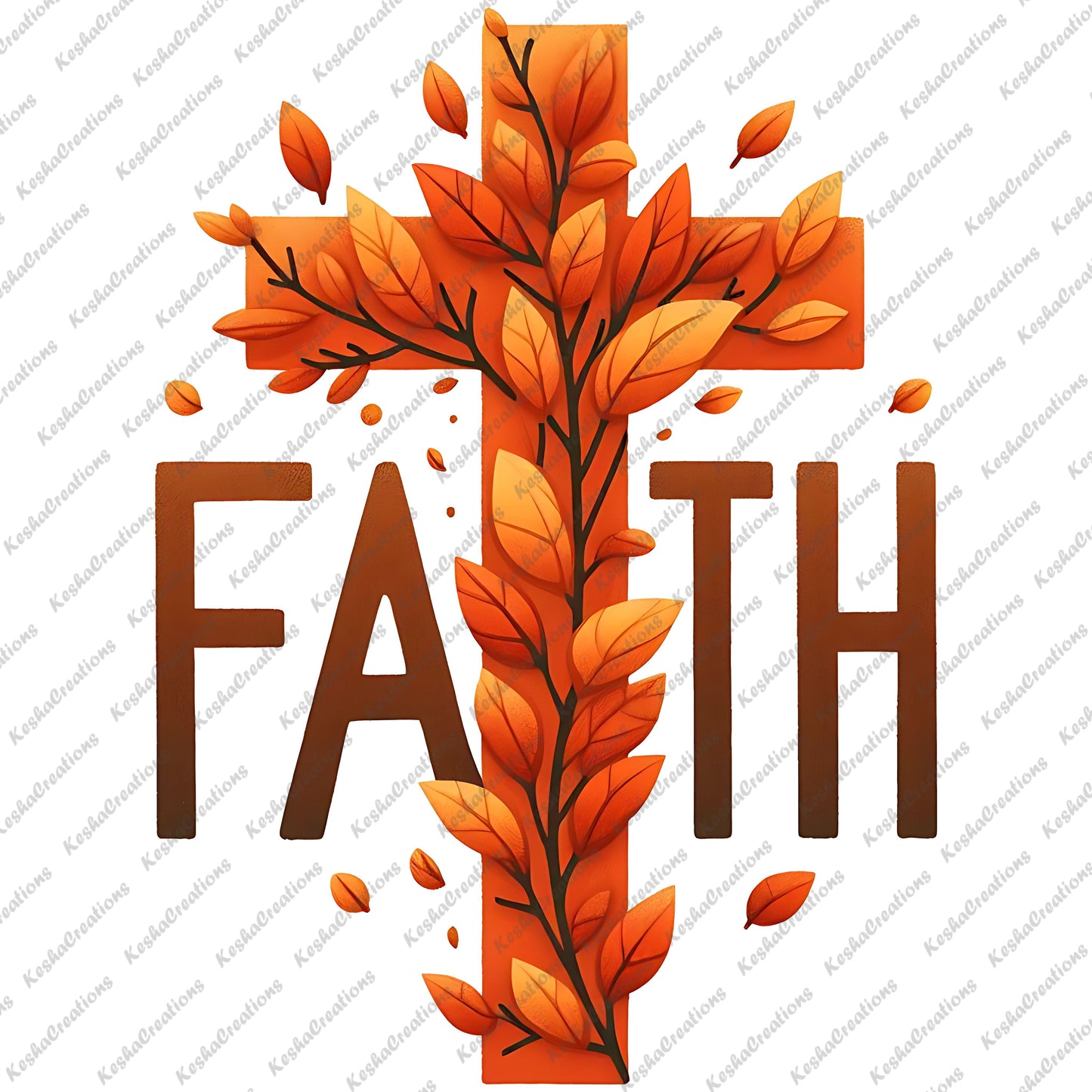 An orange cross wrapped with fall leaves, accompanied by the large word "Faith" in bold, brown letters. The design has scattered leaves surrounding the cross.