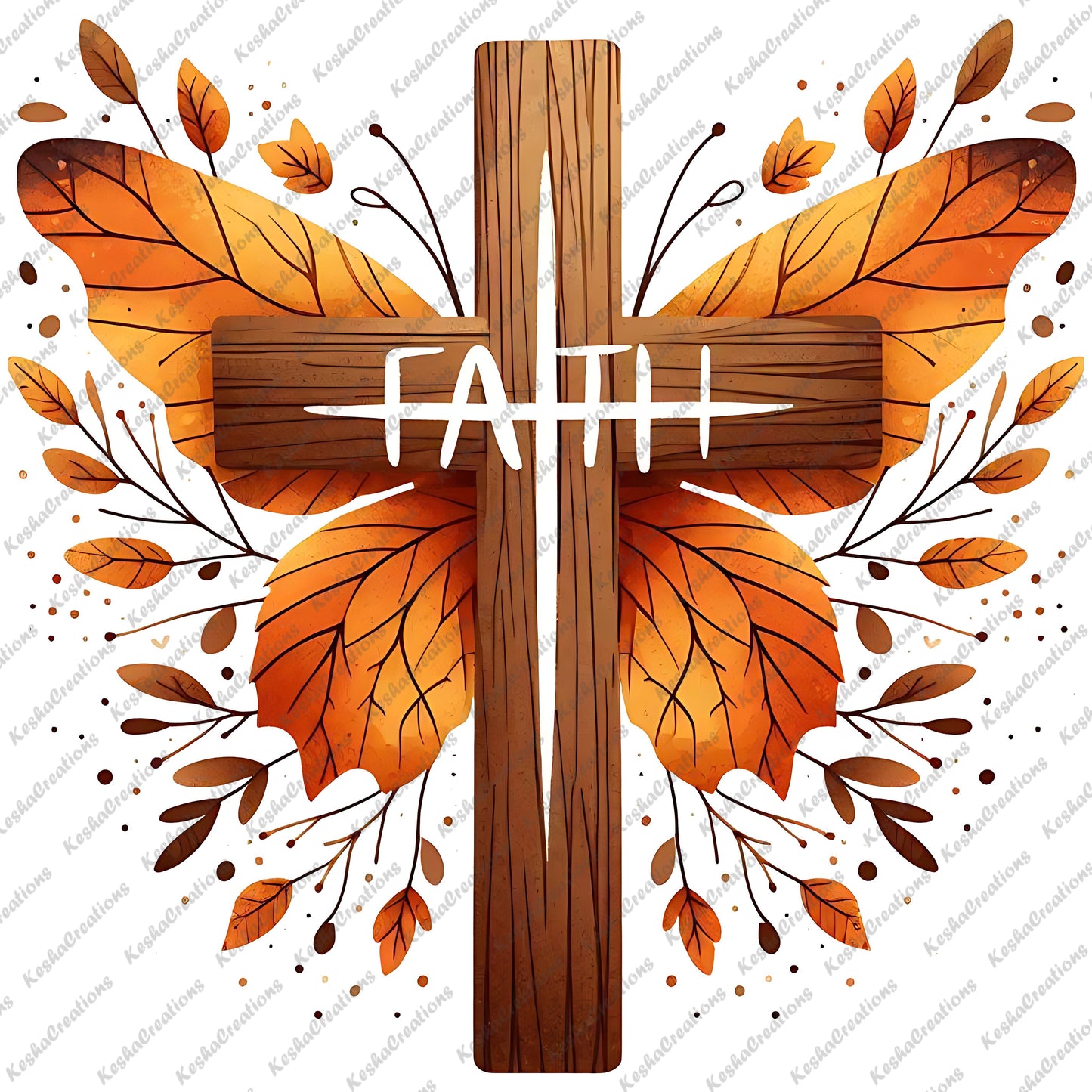 A wooden cross with fall leaves in orange and brown hues spreading out like wings behind it. The word "Faith" is written across the center of the cross in white.