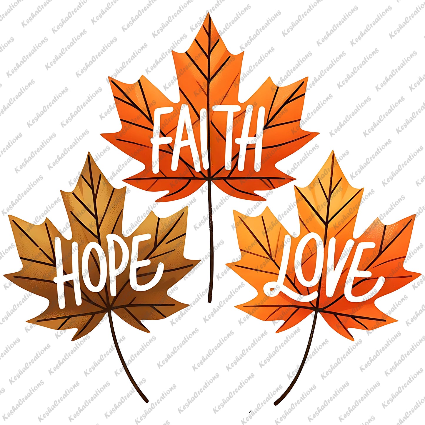 Three fall leaves labeled with the words "Faith," "Hope," and "Love" in a hand-lettered style. Leaves are in various shades of orange and brown.