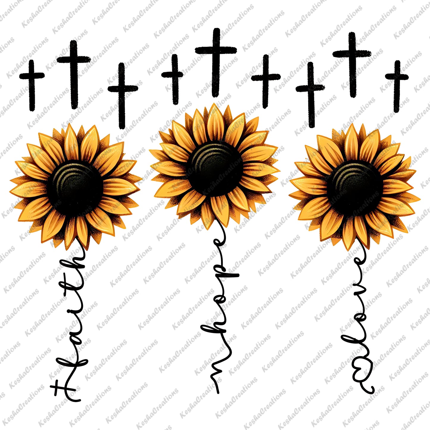Three large sunflowers with crosses above them, representing a faith-based design in a fall theme.
